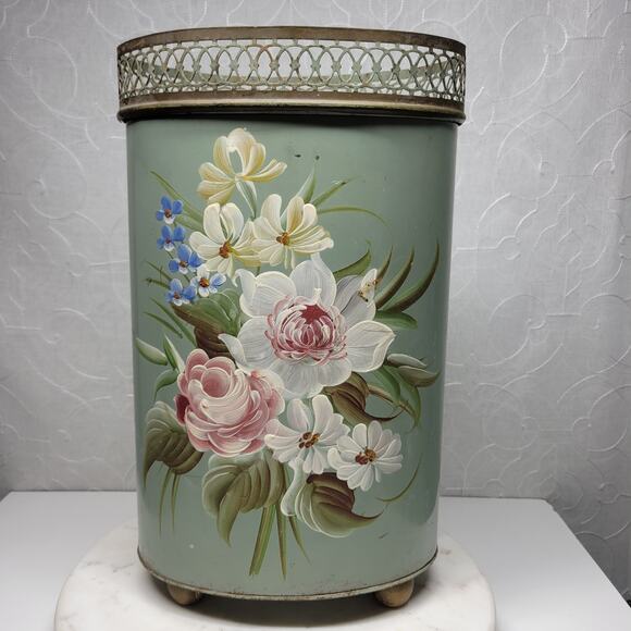 Vintage Plymouth Tole Hand Painted Umbrella Stand Metal Toleware Ball Footed - Picture 5 of 16